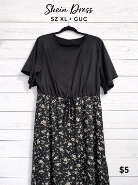 SHEIN Black Floral Drawstring Midi Dress